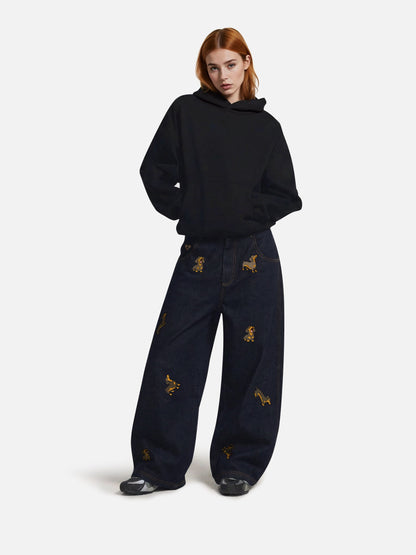 Dachshund Embroidered Baggy Jeans Blue - Aelfric Eden
