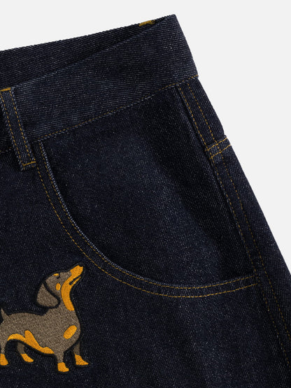 Dachshund Embroidered Baggy Jeans Blue - Aelfric Eden