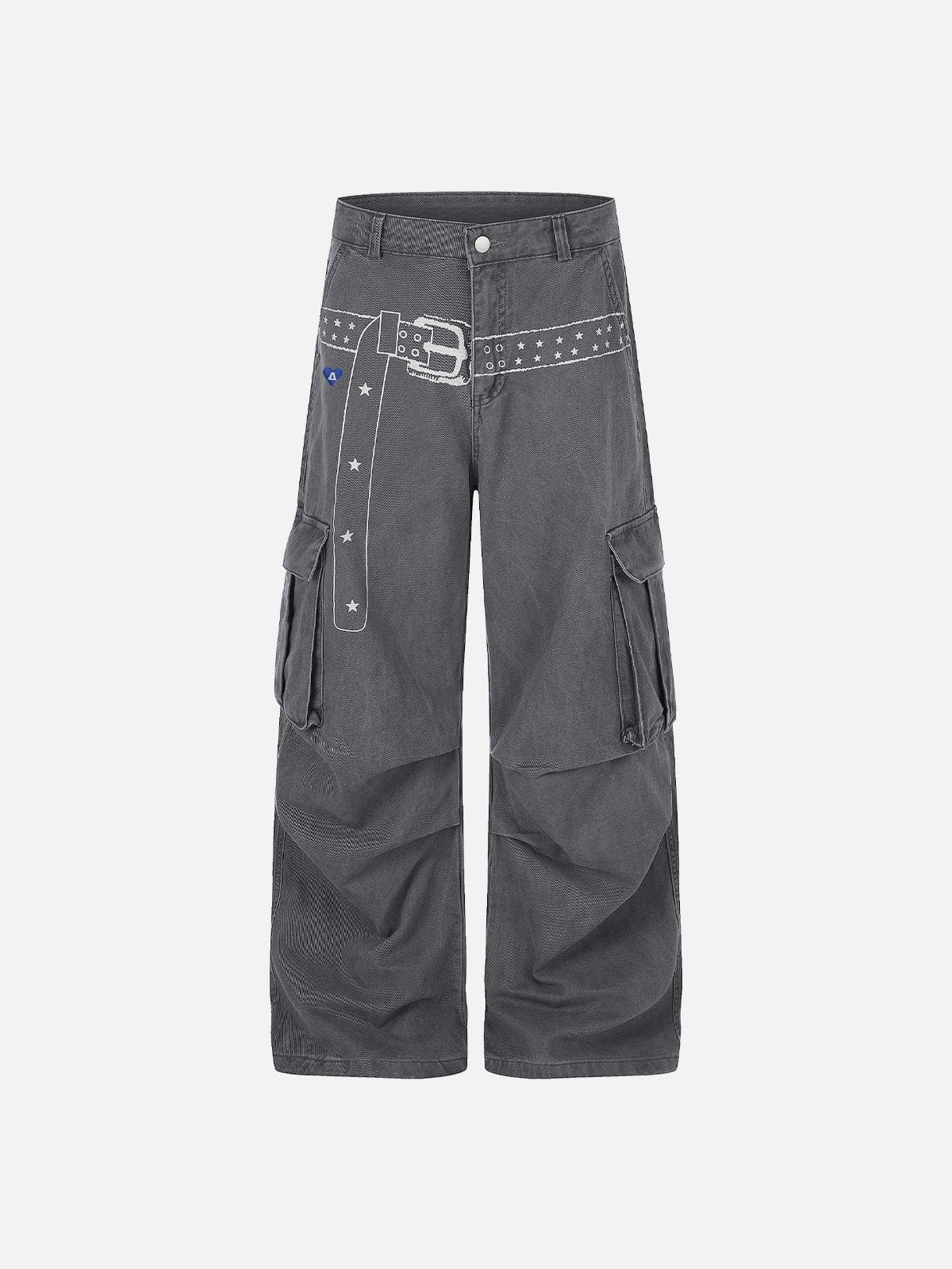 Belt Print Baggy Barrel Pants Grey - Aelfric Eden