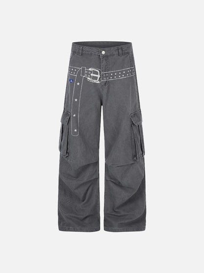 Belt Print Baggy Barrel Pants Grey - Aelfric Eden