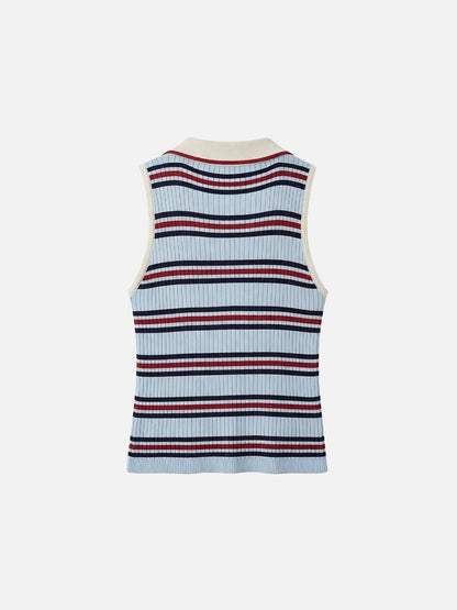 Striped Polo Collar Sweater Vest Blue - Aelfric Eden