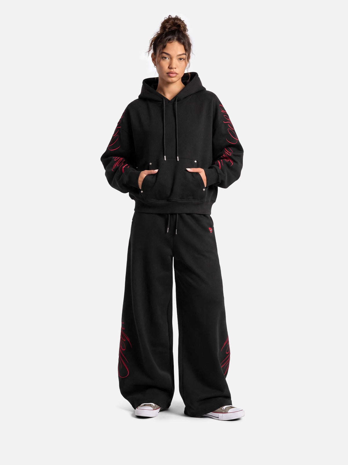 Boxy Script Embroidery Pullover Hoodie Black - Aelfric Eden