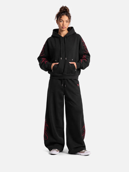 Boxy Script Embroidery Pullover Hoodie Black - Aelfric Eden
