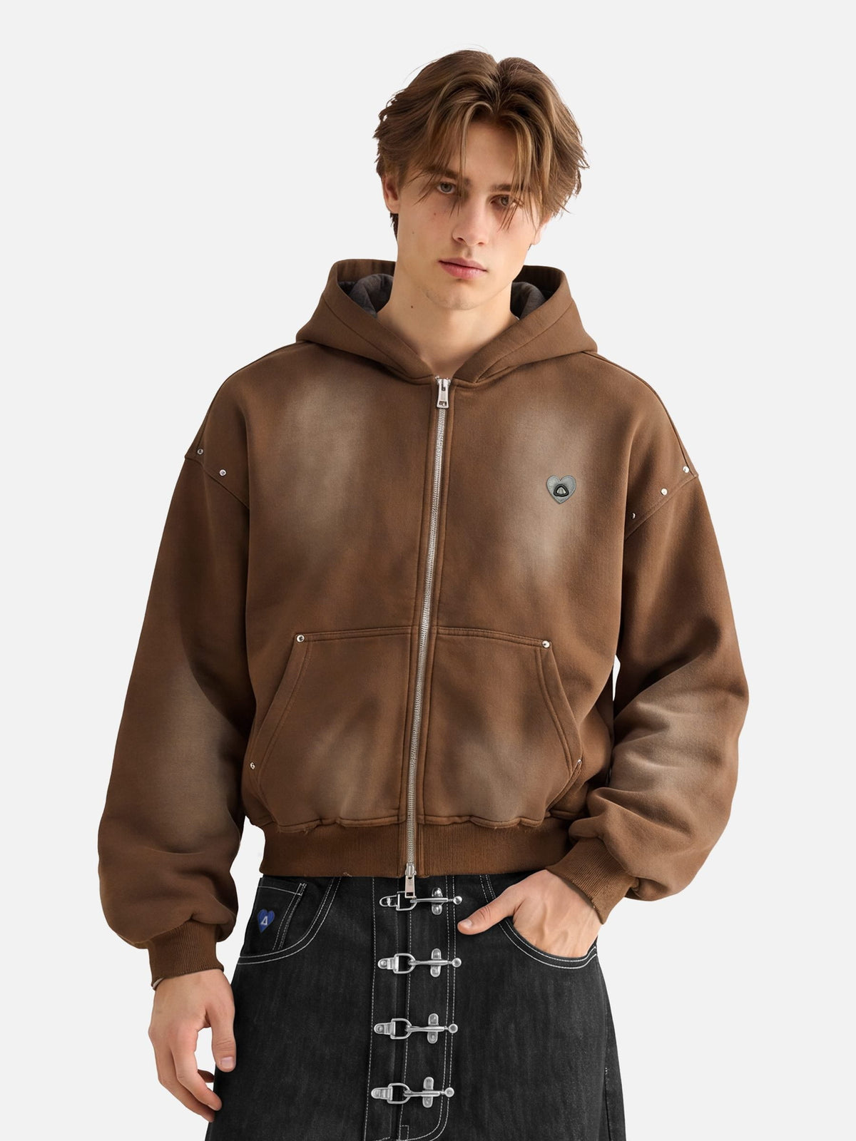 [Pre-Order] Boxy Studded Zip Up Hoodie Brown - Aelfric Eden