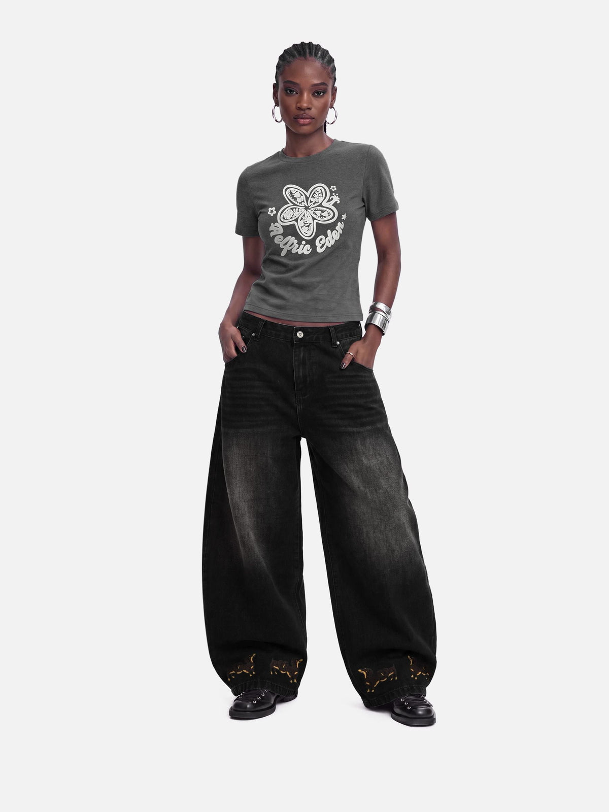 [Pre-Order] Dachshund Embroidery Baggy Barrel Jeans Black - Aelfric Eden