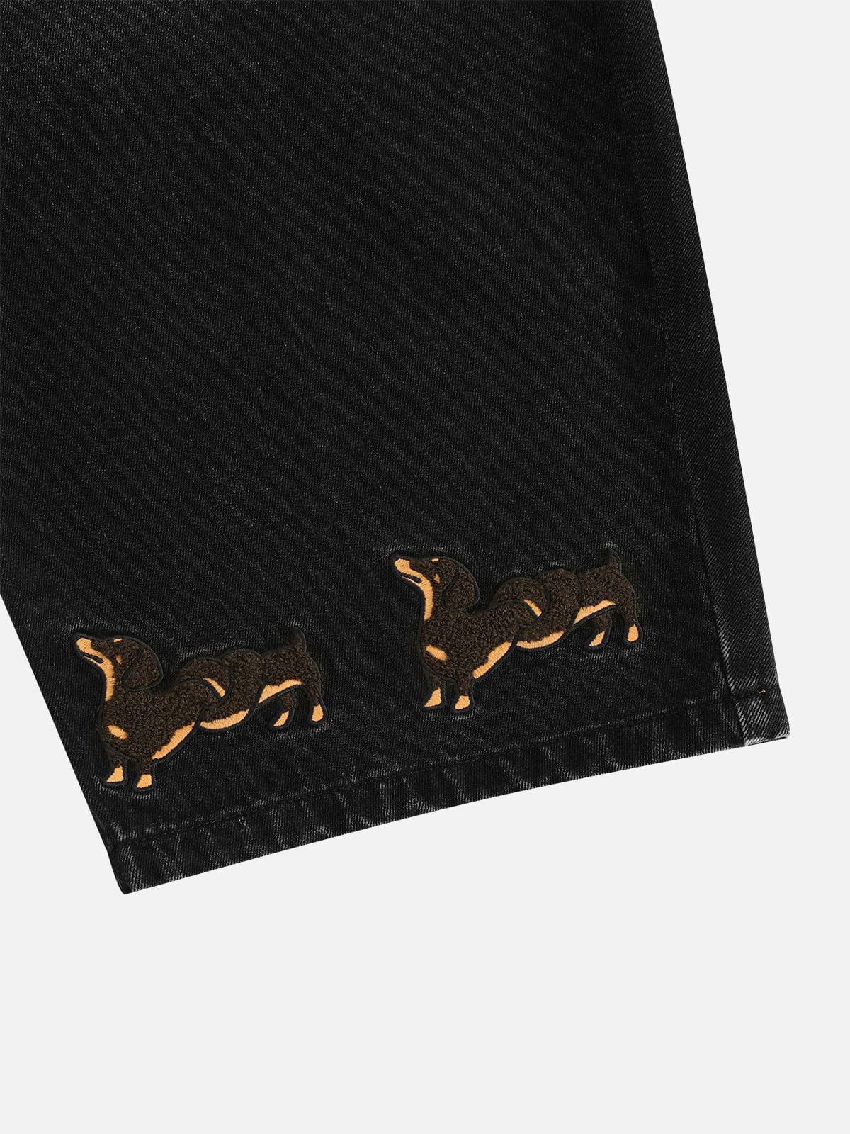 [Pre-Order] Dachshund Embroidery Baggy Barrel Jeans Black - Aelfric Eden