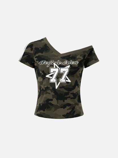 Cropped CAMO 77 Off-The-Shoulder Tee Green - Aelfric Eden