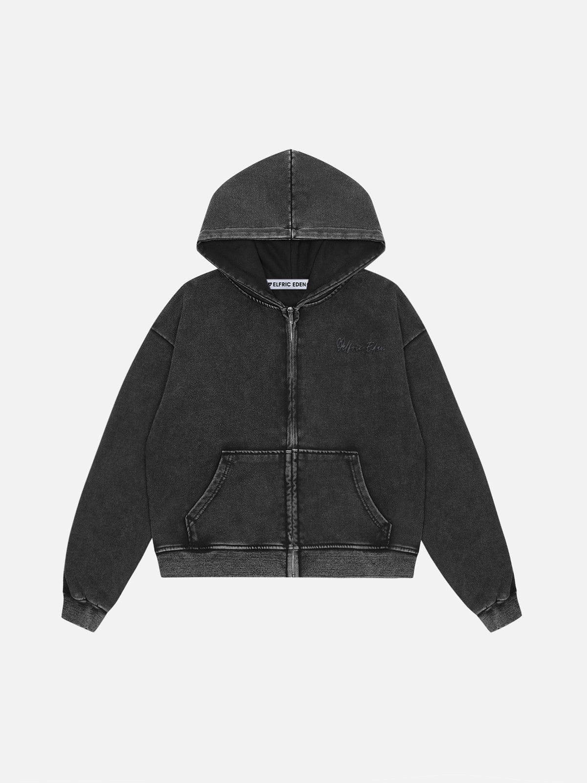 Washed Solid Zip Up Hoodie Black - Aelfric Eden