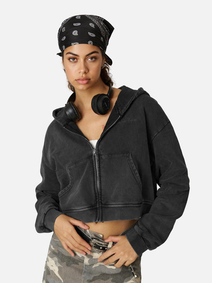 Washed Solid Zip Up Hoodie Black - Aelfric Eden