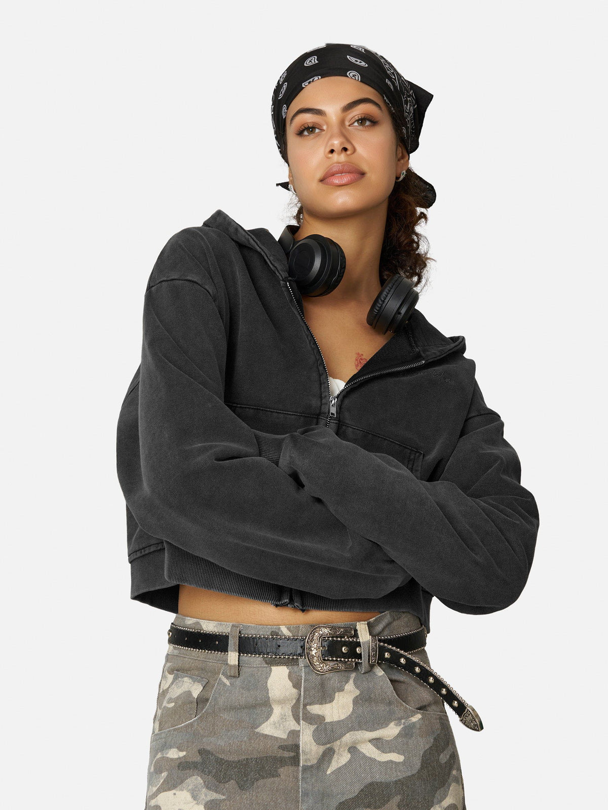 Washed Solid Zip Up Hoodie Black - Aelfric Eden