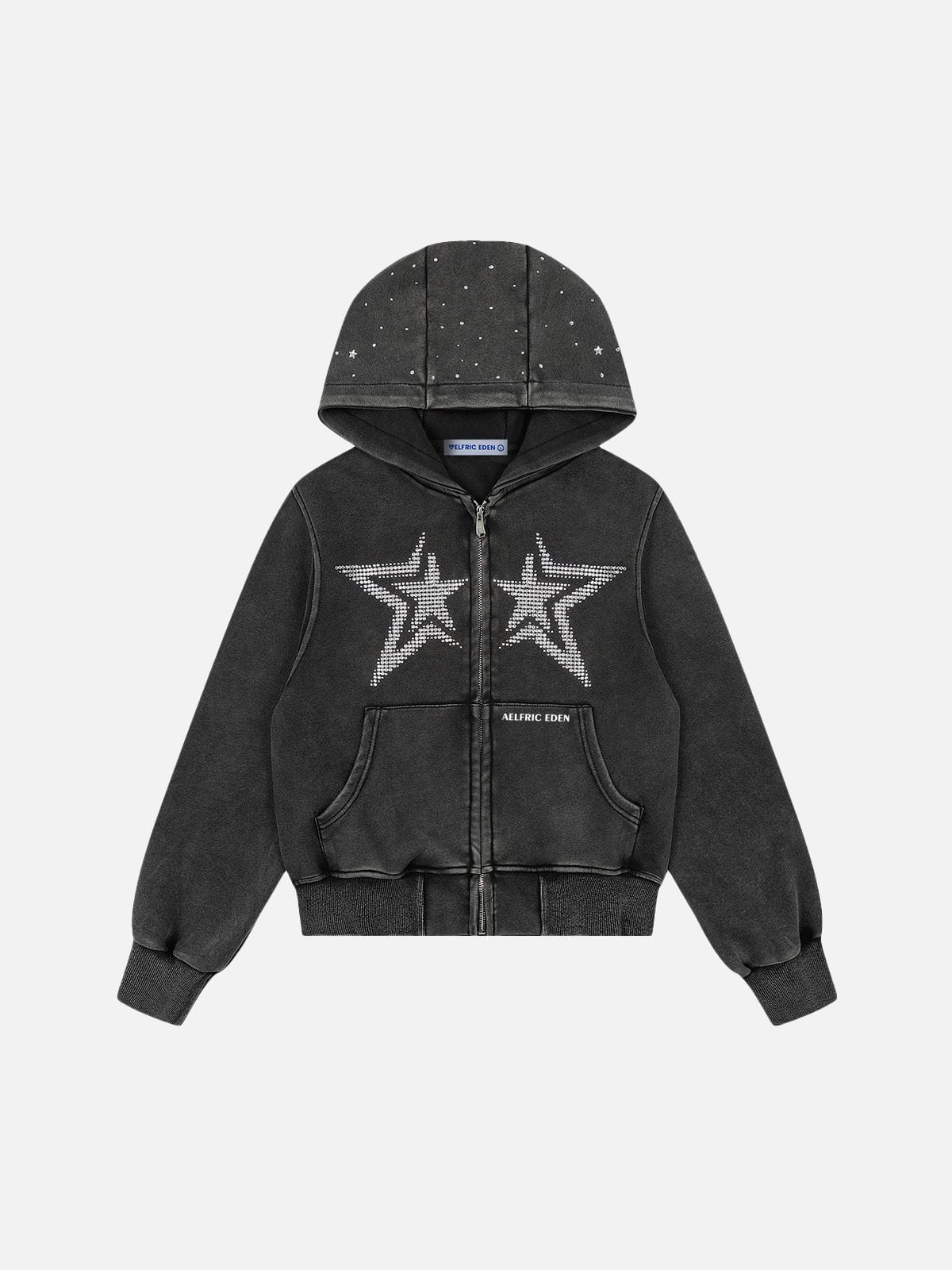 Cropped Rhinestone Star Zip Up Hoodie Black - Aelfric Eden