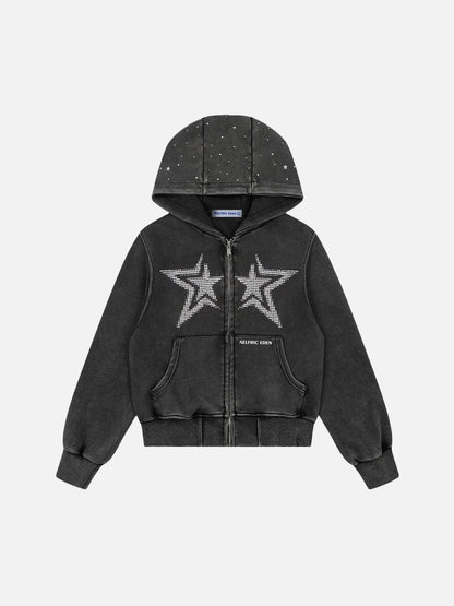 Cropped Rhinestone Star Zip Up Hoodie Black - Aelfric Eden