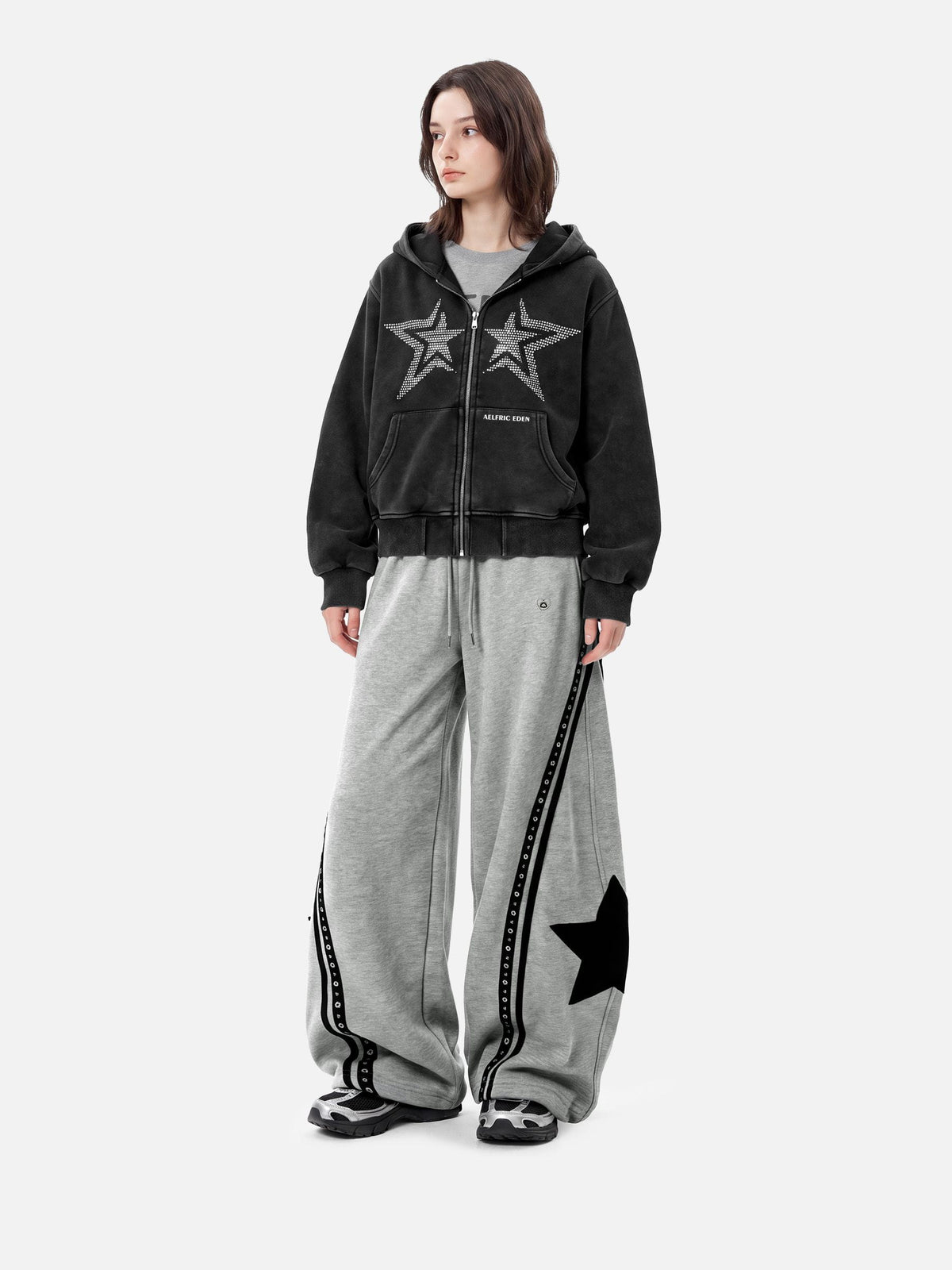 Cropped Rhinestone Star Zip Up Hoodie Black - Aelfric Eden