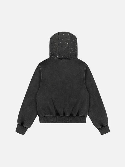 Cropped Rhinestone Star Zip Up Hoodie Black - Aelfric Eden