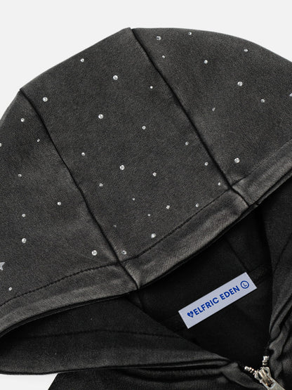 Cropped Rhinestone Star Zip Up Hoodie Black - Aelfric Eden