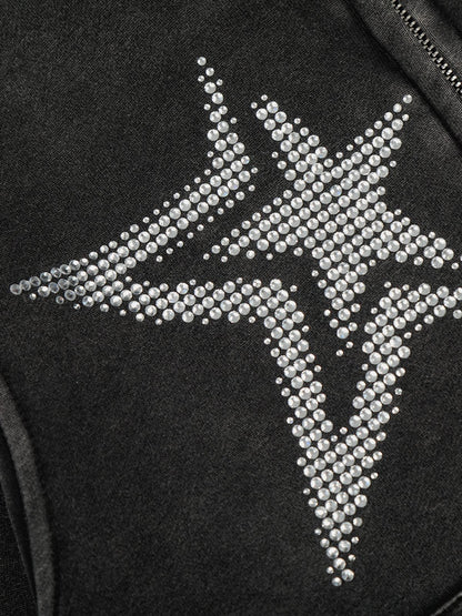 Cropped Rhinestone Star Zip Up Hoodie Black - Aelfric Eden