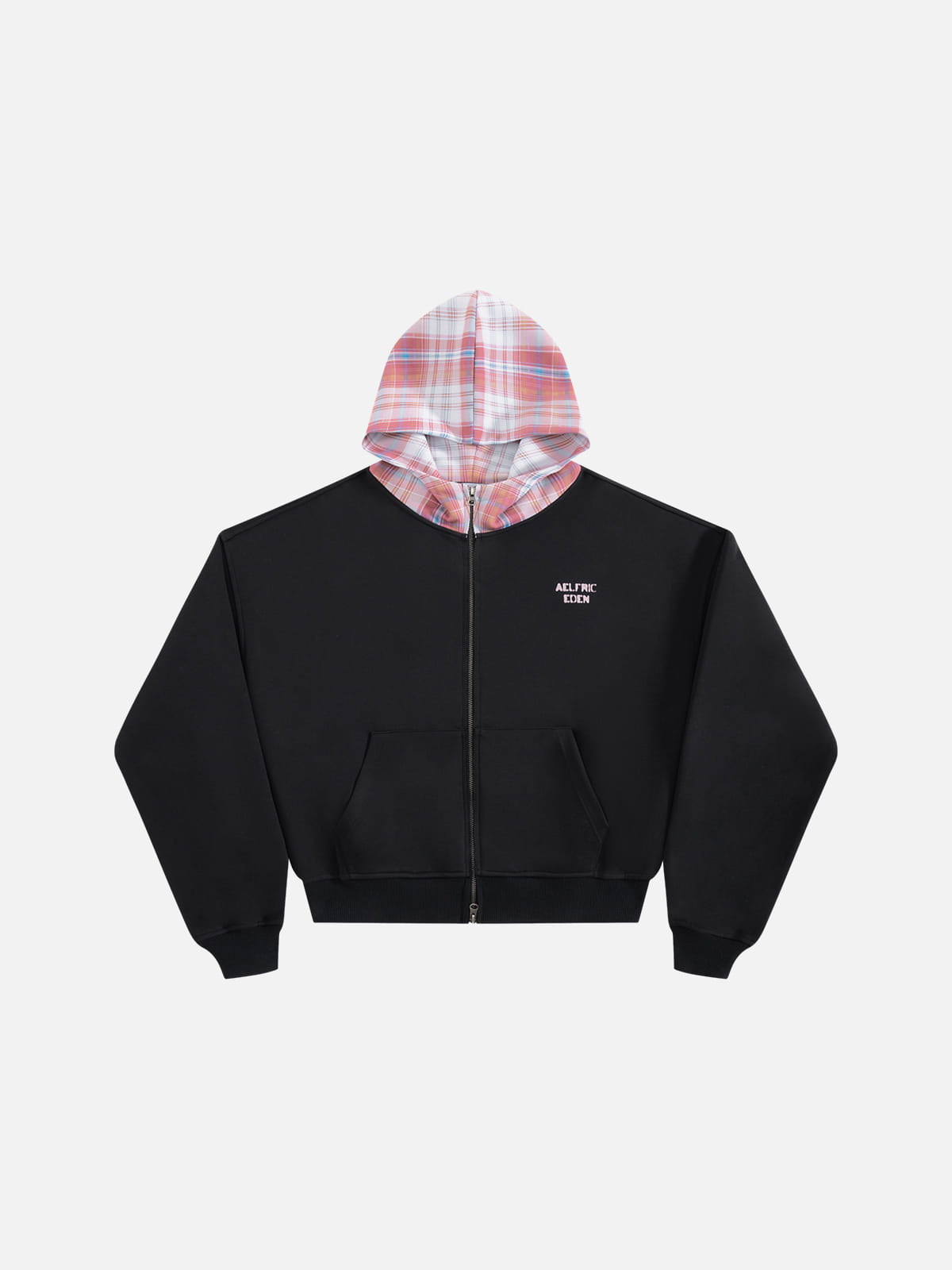 Boxy Plaid Hood Zip Up Hoodie Black - Aelfric Eden