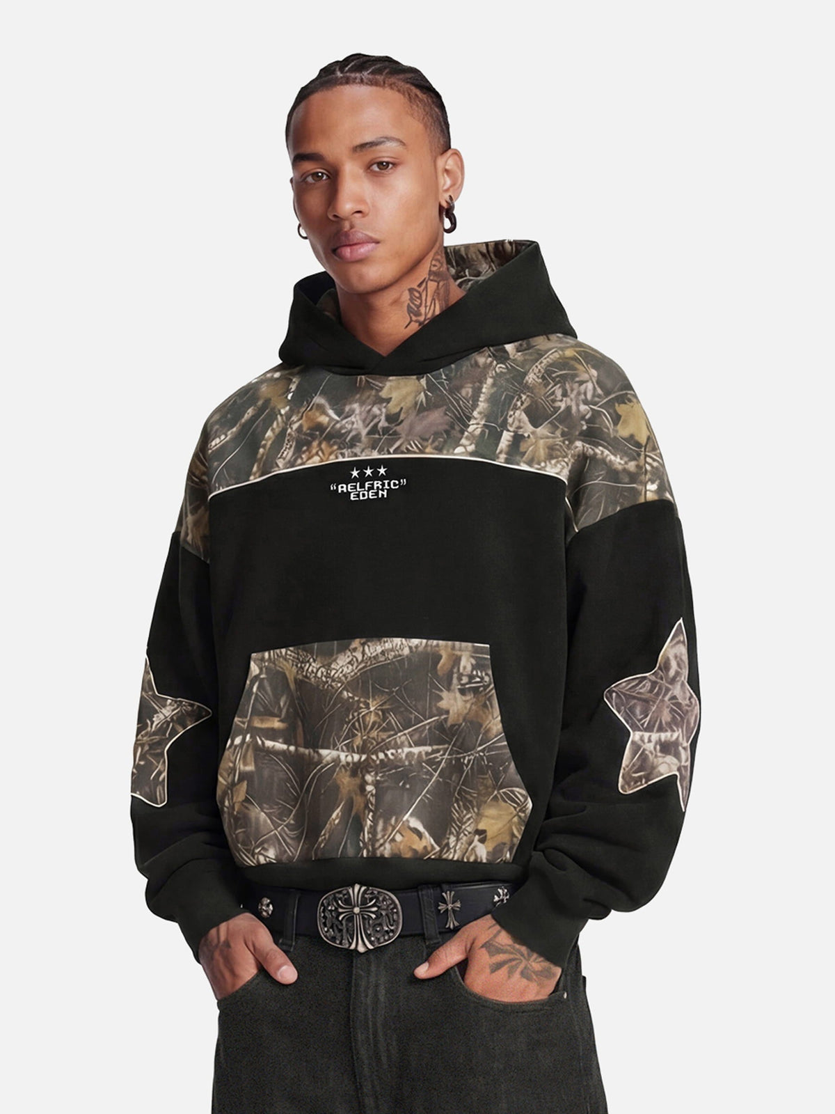 Boxy CAMO Panel Pullover Hoodie Black - Aelfric Eden