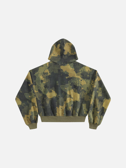 Boxy CAMO Embroidered Zip Up Hoodie Green - Aelfric Eden